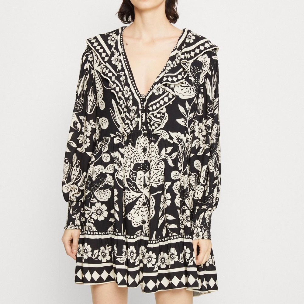 Floral Ruffle Minidress by Farm Rio Black and White Floral Dress